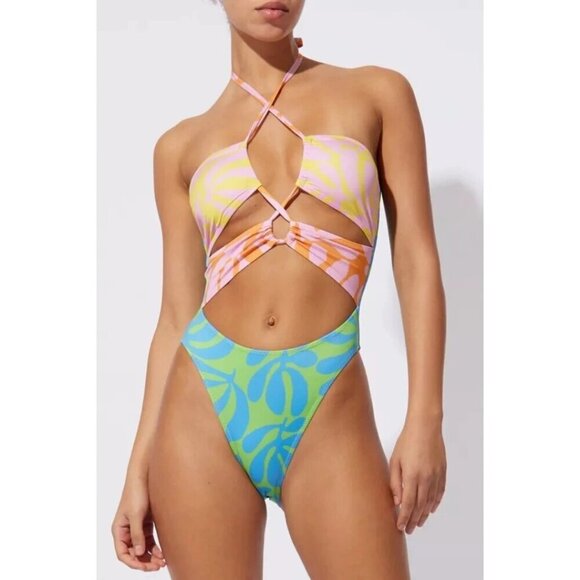NWT Solid & Striped colourblock tropical print cut out one piece swimsuit, M - Picture 5 of 10